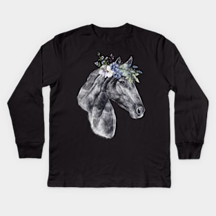 Floral Wild Horse Mustangs Animal Spirit Wildlife Rescue Kids Long Sleeve T-Shirt